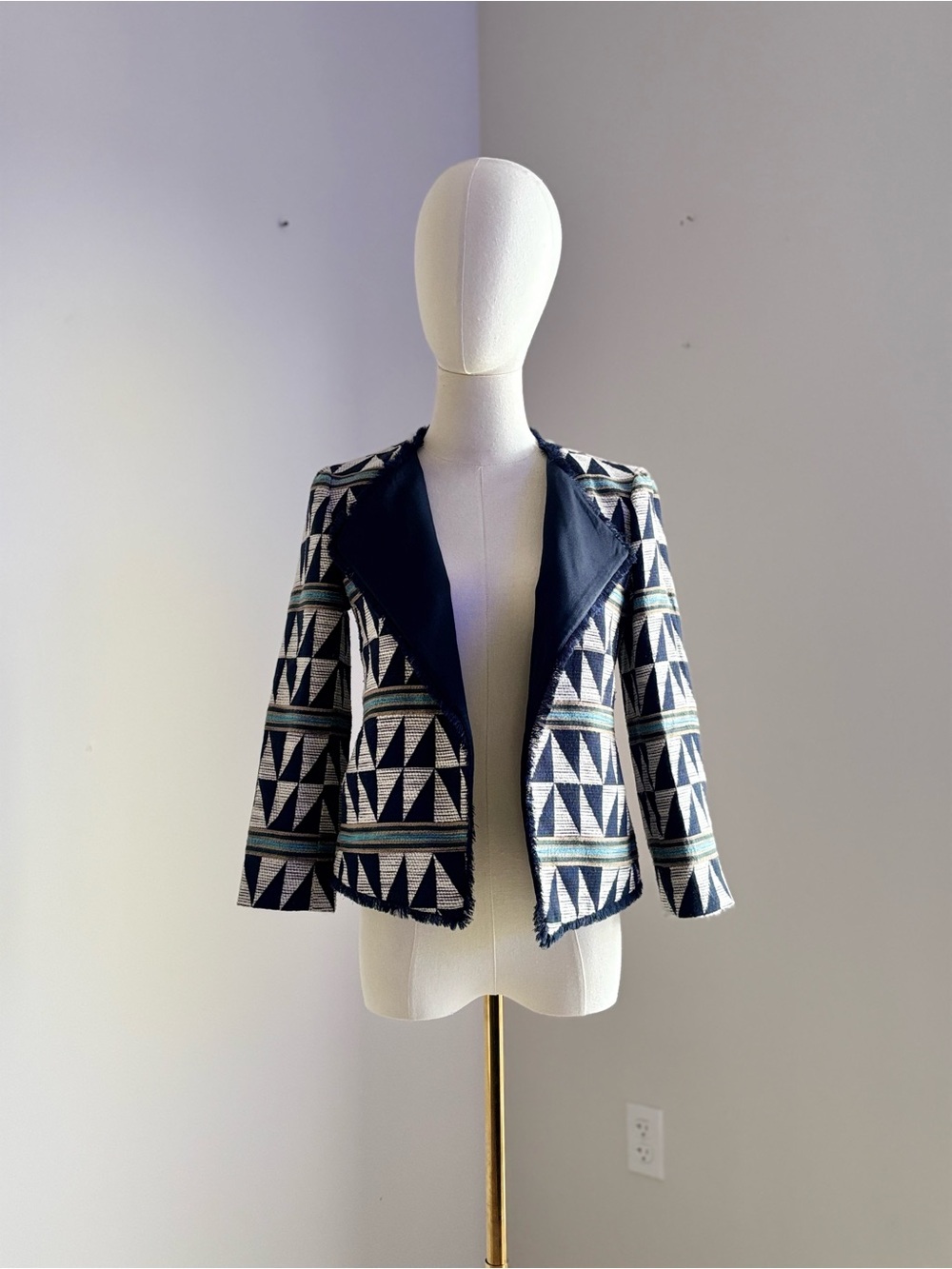 Ann Taylor Navy, White and Teal Geometric Open-Front Blazer